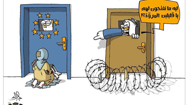 Arab caricature: Refugees knocking on Europe's door, which doesn't want them, as other Arab nations build fences and yell at Europe: 'Why won't you open the door for them?'