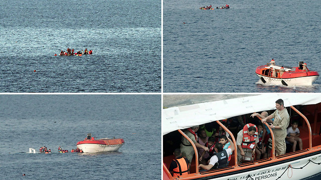 חילוץ מהגרים מסירה שהתהפכה ליד האי היווני לסבוס (צילום: AFP) (צילום: AFP)