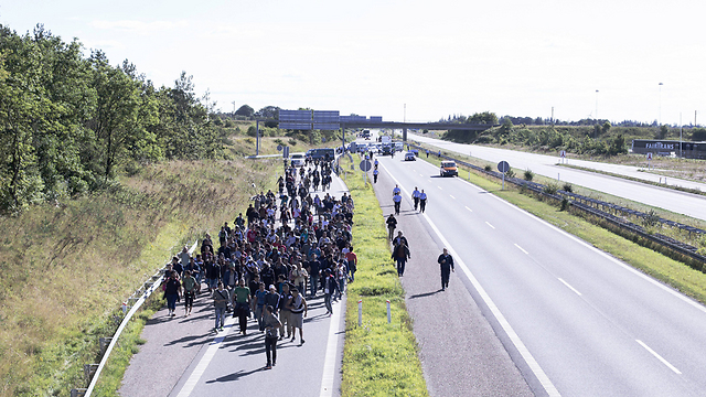 סורים ועיראקים צועדים על כביש מהיר בדנמרק (צילום: AP) (צילום: AP)
