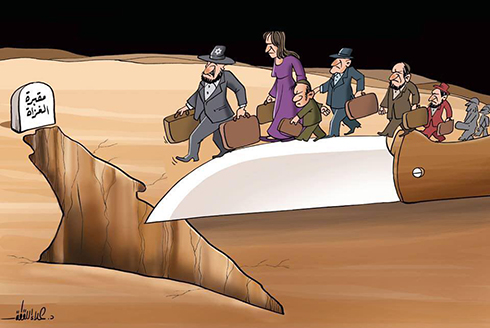 קריקטורה בעיתון המזוהה עם חמאס: מובילים יהודים ל"בית הקברות לפולשים" ()