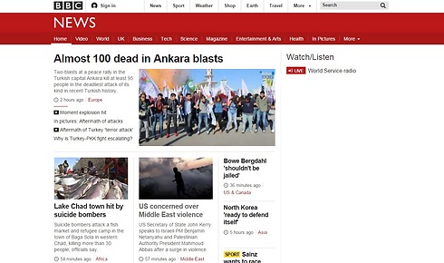 דף החדשות של אתר BBC, האירועים בישראל מתחת לדיווח על טורקיה ()