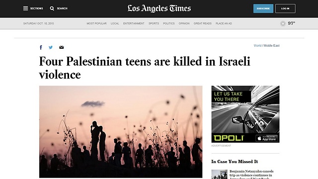 כותרת מקוממת ב"לוס אנג'לס טיימס": "4 נערים פלסטינים נהרגו באלימות ישראלית" ()
