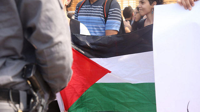 עם דגלים פלסטיניים בפתח אוניברסיטת תל אביב (צילום: מוטי קמחי) (צילום: מוטי קמחי)