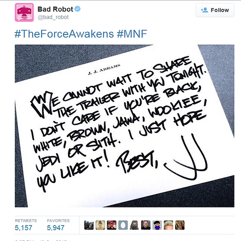 ג'יי.ג'יי. אברמס מגיב בטוויטר של Bad Robot, חברת ההפקה שלו (מתוך טוויטר) (מתוך טוויטר)