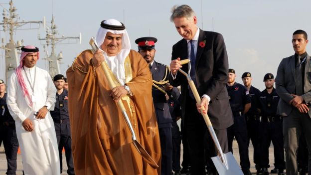 British Foreign Secretary Philip Hammond in groundbreaking ceremony at UK's new military base in Bahrain. (Photo: AP)