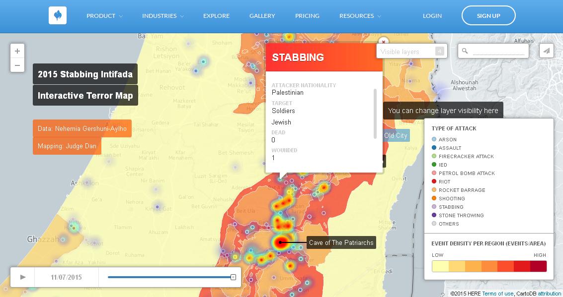 Interactive map of violent incidents, created by Nehemia Gershuni-Aylho and Judge Dan. (Screenshot)