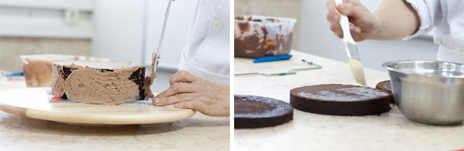 לפני קישוט העוגה בבצק סוכר יש להבריש אותה בסירופ סוכר ולצפות אותה בקרם (צילום: אולגה טוכשר    )