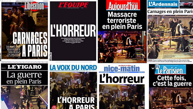 French headlines: "This time it's war", "War in central Paris"