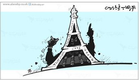 A cartoon published in London-based Arabic newspaper al-Arabi al-Jadeed, showing a suicide bomber about to detonate his belt inside the Eiffel Tower.