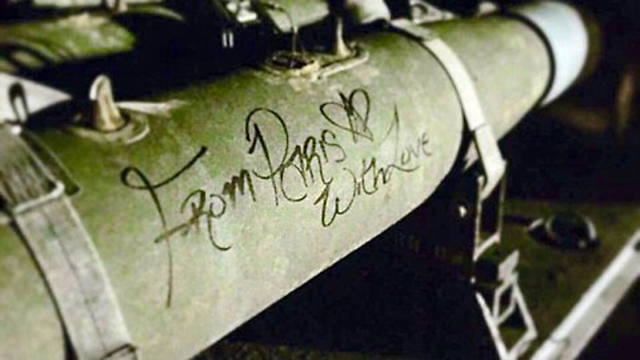 Bombs with the writing 'From Paris with love' dropped by French bombers on ISIS targets