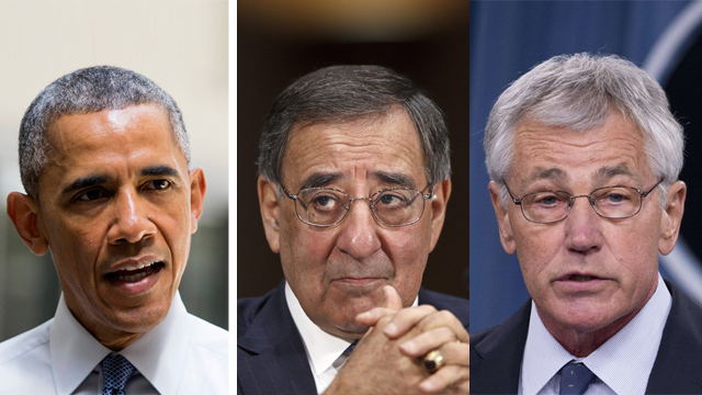 תוקפים את הנשיא. מימין לשמאל: הייגל, פאנטה ואובמה (צילום: AFP, AP) (צילום: AFP, AP)