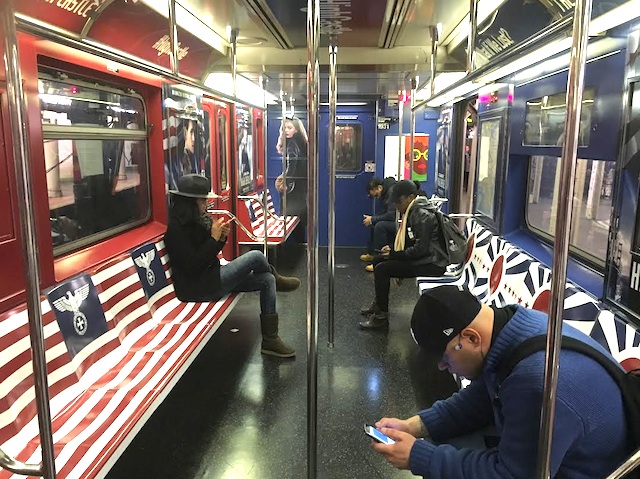 A New York subway train plastered with the Nazi Imperial Eagle as part of a promotional campaign for the TV show 'The Man in the High Castle' (Photo: Ann Toback)