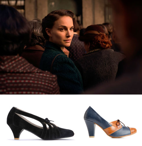 "התבקשתי לעצב לפורטמן עבור הסרט נעליים טבעוניות שאינן מעור". למעלה: מתוך הסרט "סיפור על אהבה וחושך", למטה: נעליים של רוני קנטור (צילום: דרור בן נפתלי, רן מנדלסון)