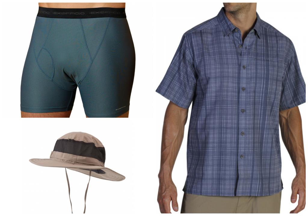 מימין: חולצה מנדפת זיעה, תחתוני EXOFFICIO נגד שפשפות וכובע עם פס תרמי פנימי לנידוף זיעה ( ) ( )