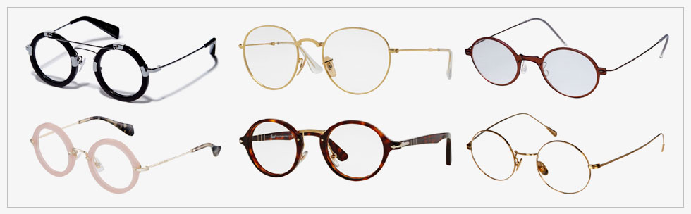 משמאל, עם כיוון השעון: משקפיים עגולים של יוז'י יאממוטו בדיוק אופטיקס, ריי-באן, לינדברג ב-ורובל אופטיק בוטיק, קאטלר אנד גרוס ב-המשקיפה, פרסול ומיו מיו