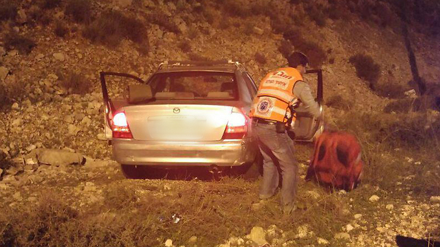 The car that was hit during a shooting attack in the northern West Bank near Einav settlement on Wednesday evening. (Photo: United Hatzalah Shomron Spokesperson)