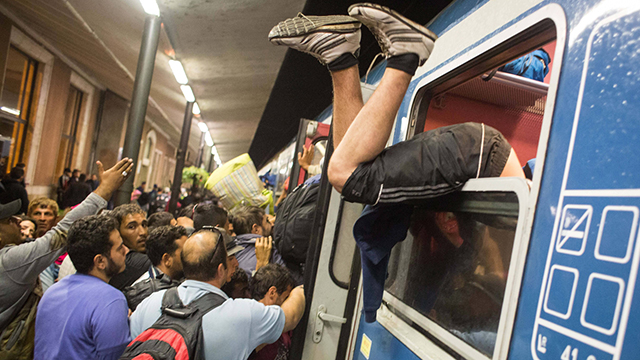 מהגרים נדחסים בכל הכוח לרכבת בהונגריה, בדרך לחיים טובים יותר (צילום: AFP) (צילום: AFP)