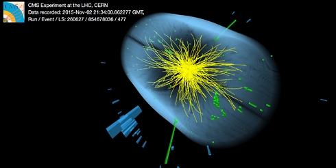 איור 1: מאורע התנגשות בגלאי CMS שתוצאתו שני פוטונים (הקווים הירוקים) שמסתם הכוללת כ-GeV 750 (צילום: CMS, CERN) (צילום: CMS, CERN)