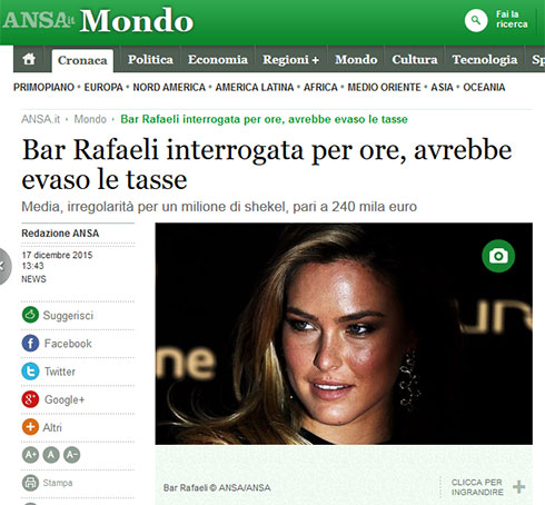 הכותרת בסוכנות הידיעות האיטלקית. "רפאלי נחקרה במשך שעות" ()