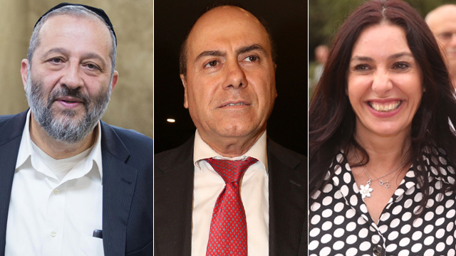 The retiring minister Silvan Shalom, center, and the two politicians vying for the job: Aryeh Deri, left, and Miri Regev, right (Photos: Emil Salman, Motti Kimchi, Anat Mosberg)