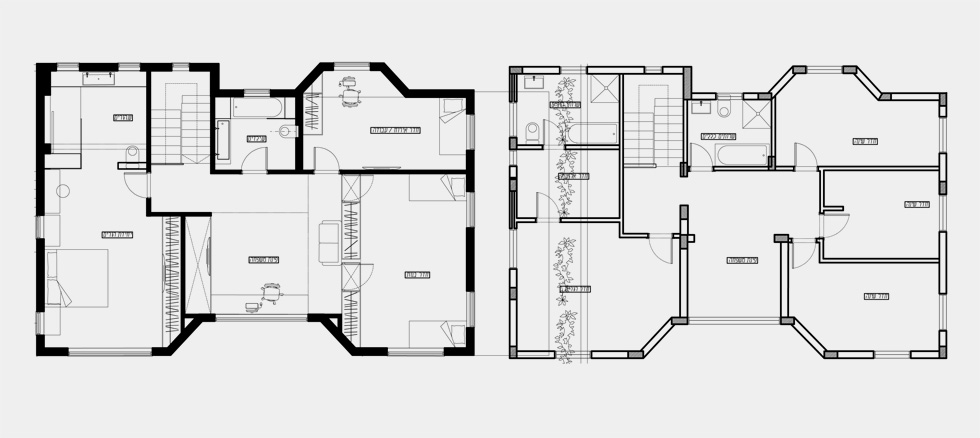 מימין: תוכנית הקומה העליונה "לפני". משמאל: "אחרי". חדר השינה של ההורים נמצא באותו מקום. חדר השינה של הבנות נמצא על שטח שבו היו שני חדרים נפרדים (תכנית: סטודיו דולו)