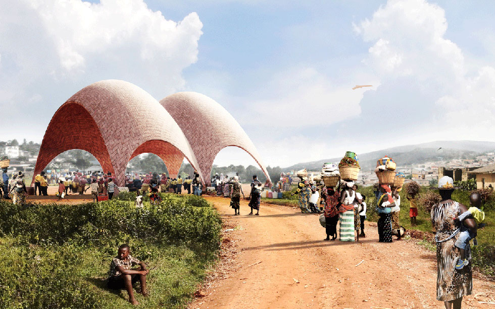 כך ייראה מרכז לחלוקת תרופות ברואנדה. האדריכל נורמן פוסטר תכנן מבנה שכלי רכב יכולים לעבור מתחתיו (הדמיה: Foster + Partners)