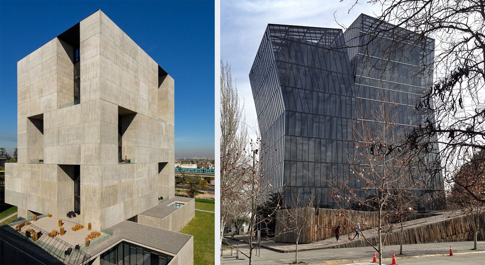 שניים מהפרויקטים הידועים של ארוונה (מימין): מרכז החדשנות Angelini ומגדלי Siamese בצ'ילה (צילום: Centro de Innovación UC Anacleto Angelini, david basulto, cc)