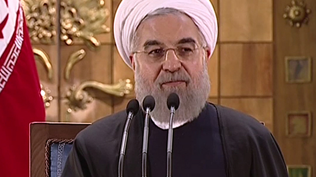 Iranian President Hassan Rouhani at a press conference after the sanctions against Iran were lifted