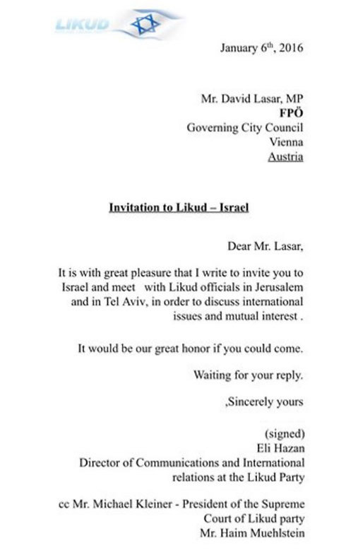 Official letter from the Likud inviting a senior member of Austria's far-right 'Freedom' party to Israel (Photo: Yair Weinreb)