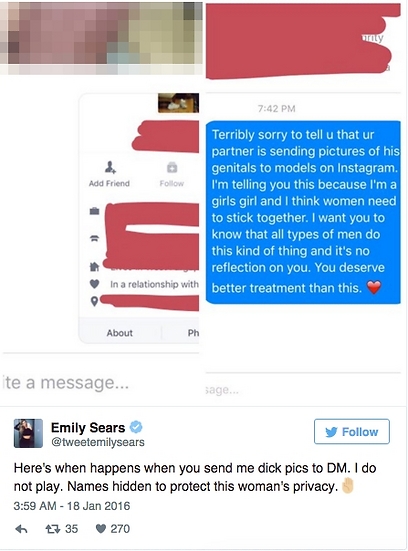 הודעה ששלחה אמילי לאחת הנשים (צילום: Instagram) (צילום: Instagram)