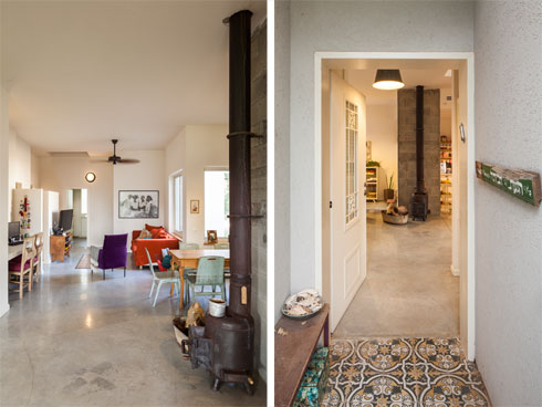 מימין: מבט מדלת הכניסה אל הקמין. משמאל: מבט מכיוון הסלון אל הקמין, פינת האוכל ופינת המשפחה (צילום: טל ניסים)