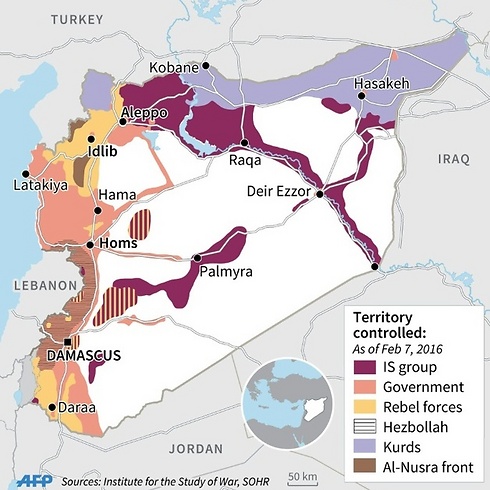 סוריה המחולקת - תמונת מצב. מה בשליטת דאעש, אסד, המורדים, חיזבאללה, הכורדים וג'בהת א-נוסרה (צילום: AFP) (צילום: AFP)