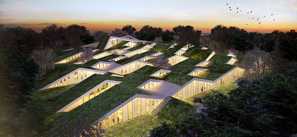 הדמיה של בית ספר שמתכנן המשרד בעיירה הדנית פרדנסבורג. גגות ירוקים מאפיינים את העבודות של BIG. מה מתכנן ל''טבע'' ביארקה אינגלס, שעומד בראשו? ההדמיות עוד לא פורסמו, אך הרעיון הוא ''הר ירוק'' - מאסה עצומה שתתרומם מהקרקע (הדמיה: BIG Architects)