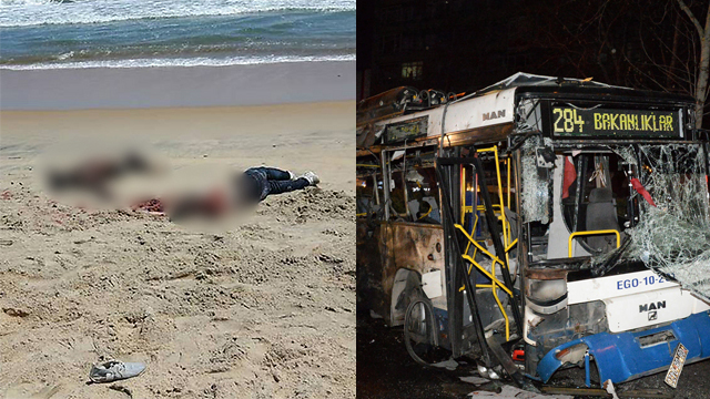 אוטובוס שנפגע בפיצוץ בטורקיה, גופות מוטלות על החול בחוף השנהב (צילום: AFP, EPA) (צילום: AFP, EPA)