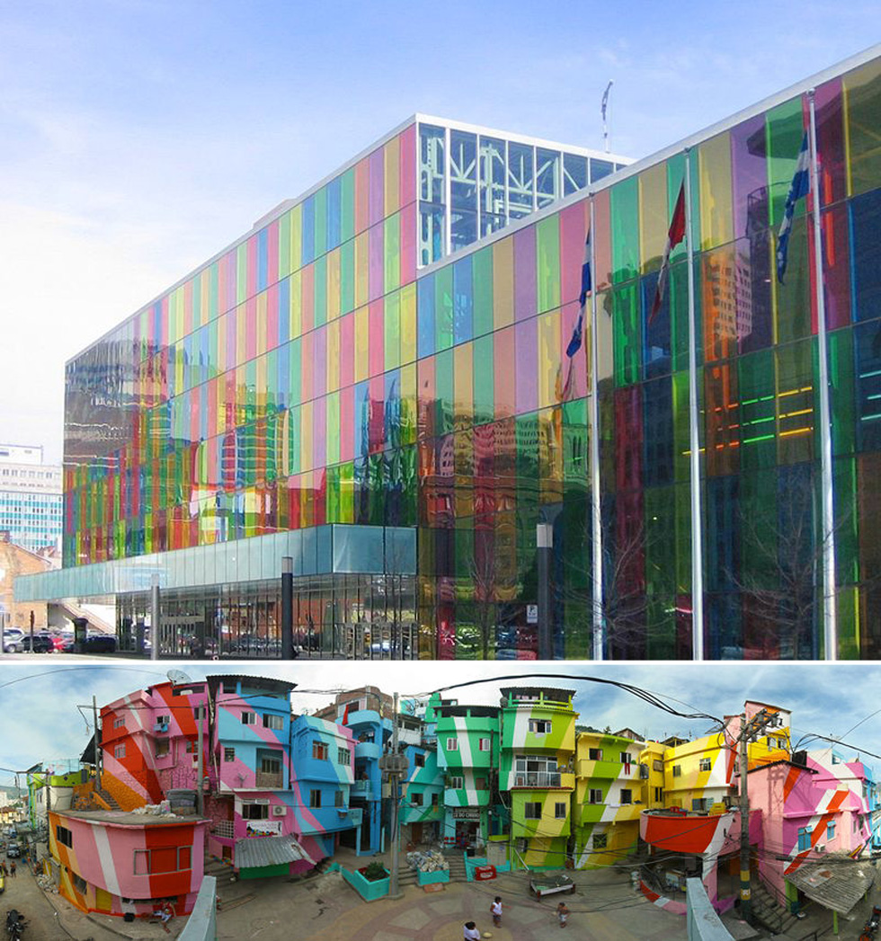 למעלה: מרכז הקונגרסים של מונטריאול, שהצבעים מבליטים אותו. למטה: שכונת עוני בריו דה ז'נרו שנצבעה כדי לשפר את דימויה ולחזק את תחושת השייכות של התושבים (צילום: Denis Jacquerye cc, André Sampaio cc)