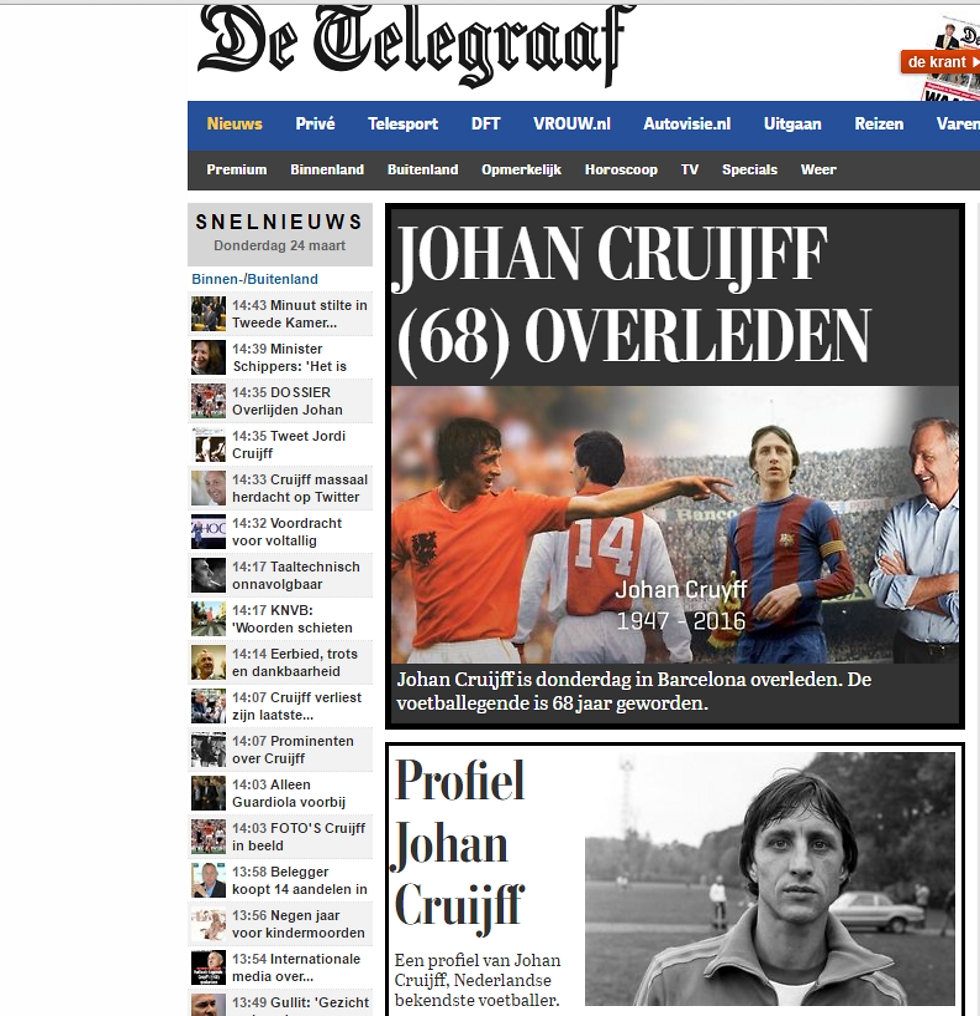האתר של העיתון ההולנדי "טלחרף" נפרד מיוהאן קרויף ()