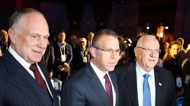 World Jewish Congress President Ron Lauder, Public Security Minister Gilad Erdan and President Reuven Rivlin at the anti-BDS conference (Photo: Motti Kimchi)