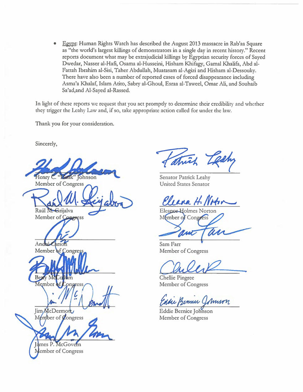 Congressional Representatives who signed Patrick Leahey's letter