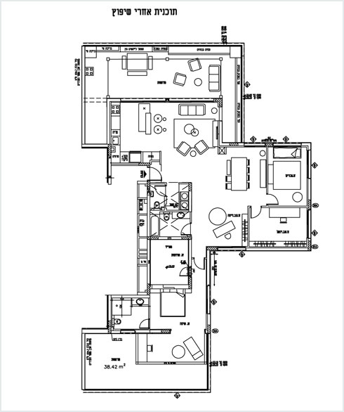 תוכנית הדירה אחרי השיפוץ: 5 חדרים ופתחים רחבים (תוכנית: דינה שרון)