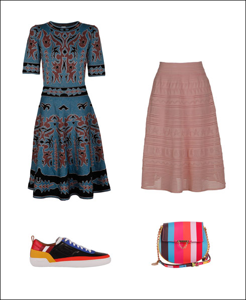 חצאית של מיסוני, 2,290 שקל; תיק צבעוני של ג'וסי קוטור, 790 שקל; נעלי גברים של באלי, 2,390 שקל; שמלה של מיסוני, 3,790 שקל (צילום: שרבן לופו)