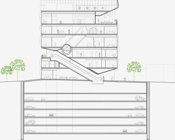 הדרגנועים יאפשרו לשוטט בחללים הציבוריים מעבר לשעות הפעילות של עובדי העירייה. למטה: חניון בן 5 קומות (הדמיה: HQ Architects)