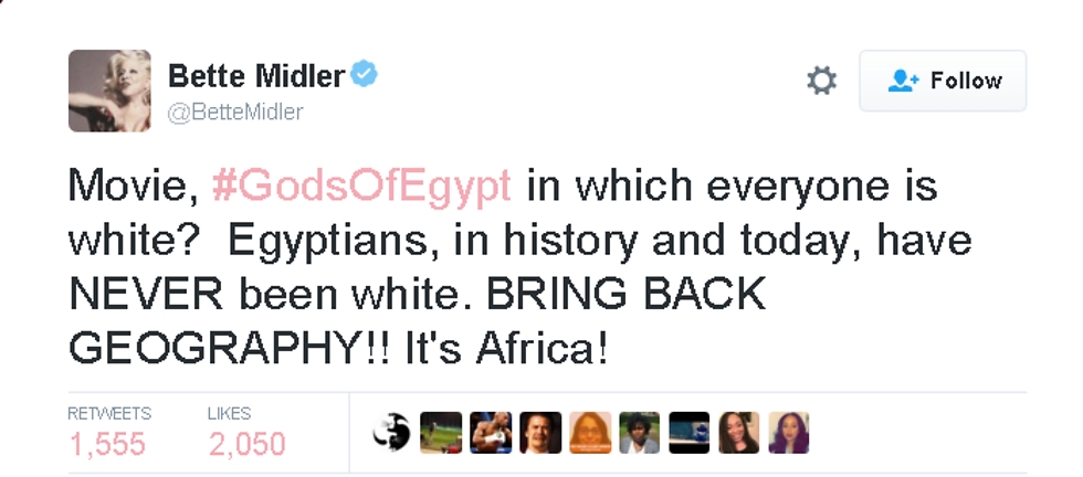"מצרים, אז והיום, מעולם לא היתה לבנה. החזירו את הגיאורגפיה". בט מידלר מצייצת (מתוך טוויטר) (מתוך טוויטר)