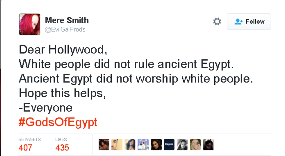 "הוליווד היקרה, אנשים לבנים לא שלטו במצרים העתיקה". התסריטאית מיר סמית' (מתוך טוויטר) (מתוך טוויטר)