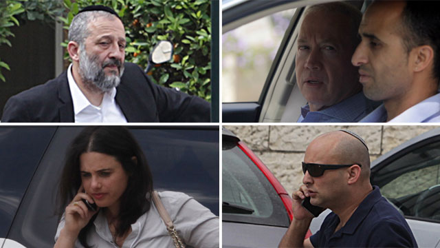 (Clockwise from top left:) Ministers Deri, Galant, Bennett and Shaked en route to Friday's cabinet meeting (Photo: Gil Yohanan) (Photo: Gil Yohanan)