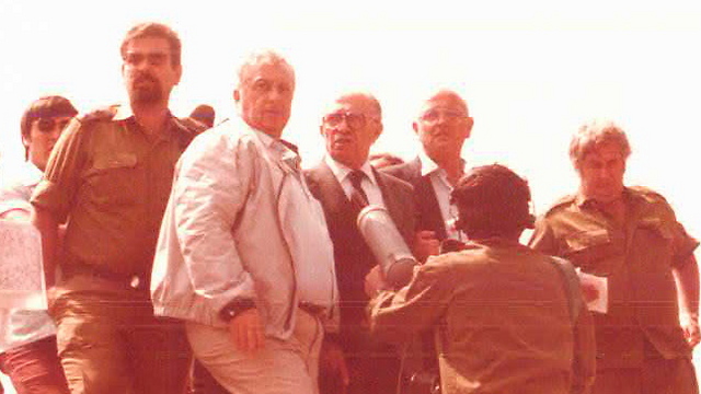 Begin, center, with Sharo to his right and Nevo to Sharon's right, at the Beaufort Castle in Lebanon during the First Lebanon War (Courtesy of Oded Shamir)