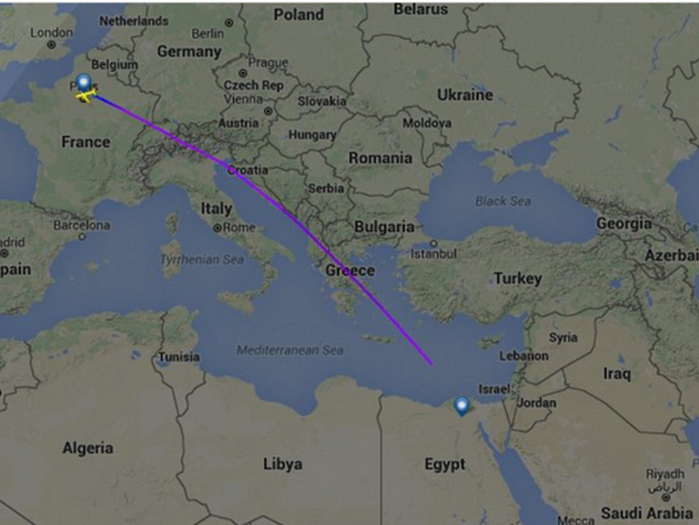 מסלול המטוס עד היעלמותו מעל הים התיכון ()