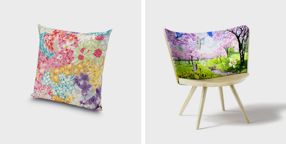 מימין: "קפליני" הרחיבה את הקולקציה של ה-Embroidery Chair בעל המשענת הרקומה עם סצינות ממיסות לב של חיות בסביבתן הטבעית. משמאל: מיסוני מפריחים את המרפסות והגינות עם "סיישלס", כרית ופוף מסדרת FLORAL GALAXY OUTDOOR (באדיבות שבוע העיצוב מילאנו)