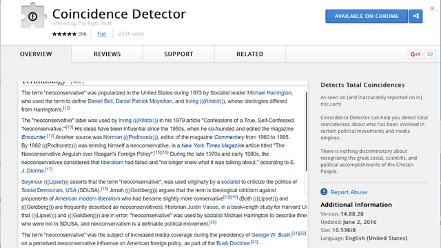 Screenshot of Google Chrome "Coincidence Detector" add-on (Photo: Mic.com)