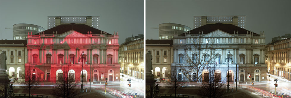 במיצג ''האור של המוזיקה'', האיר נאני את חזית בית האופרה ''לה סקאלה'' במילאנו והפך אותה לתיאטרון (צילום: Viabizzuno)