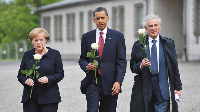 Wiesel, left, with US President Obama and German Chancellor Merkel at Buchenwald (Photo: AFP)